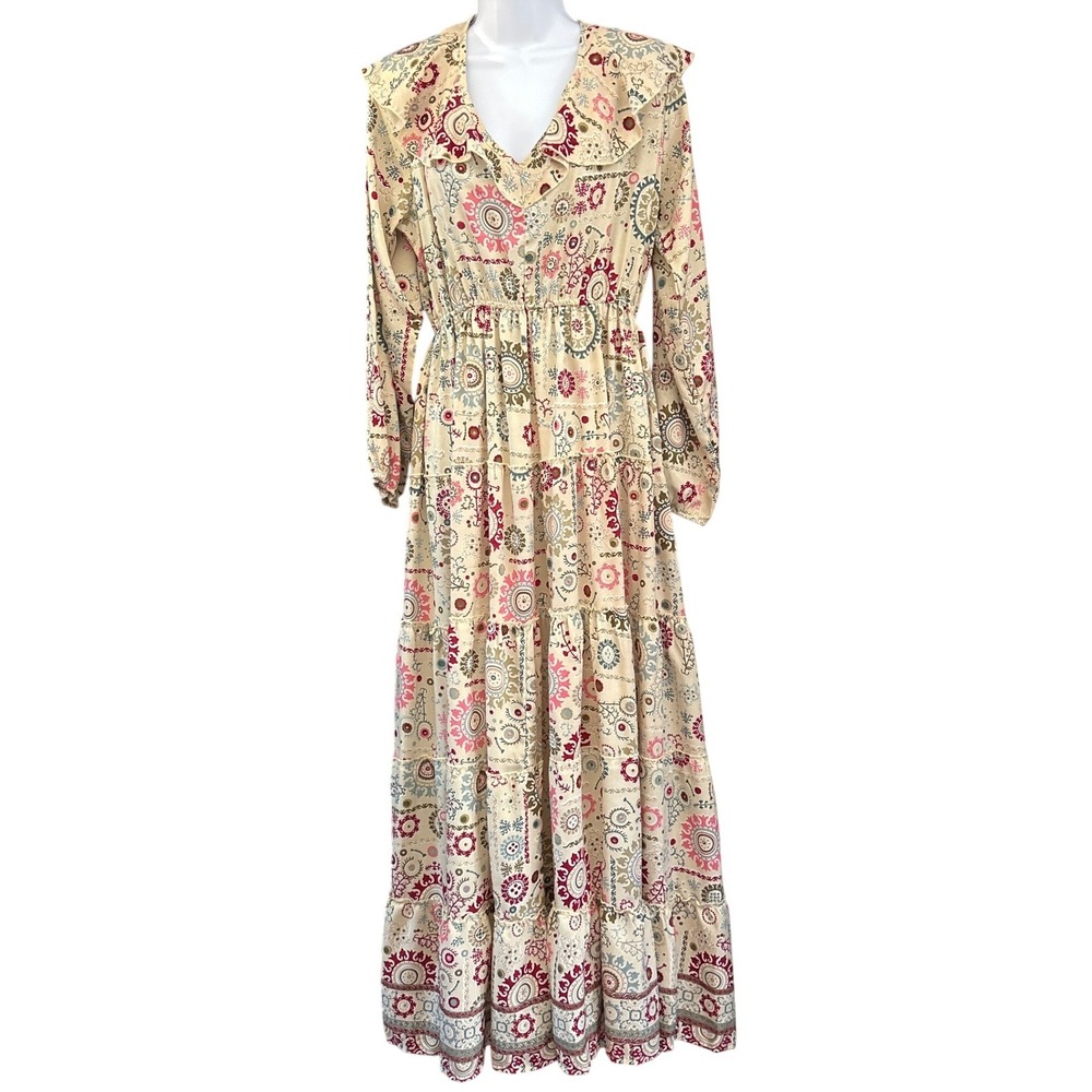 Boemo Maxi Dress Bohemian Cottagecore Festival Medallion Tiered Ruffle Tassel L